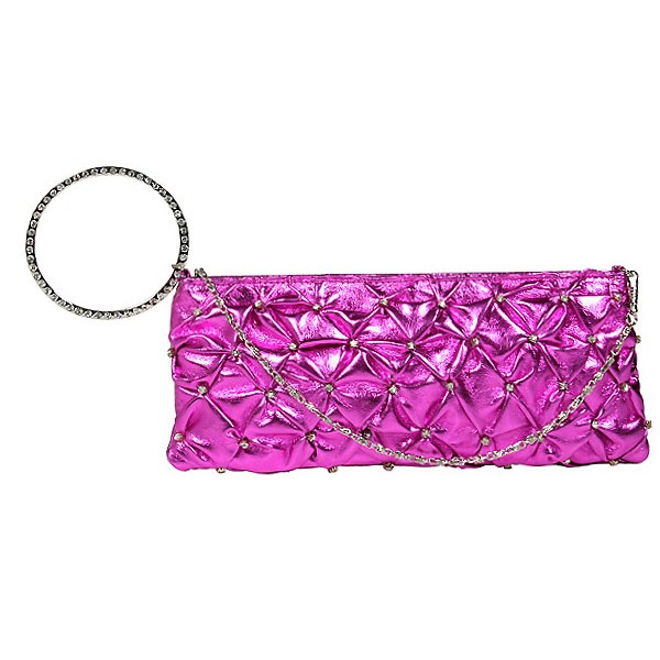 Evening Bag - Ruffled Crystal Clutch w/ Rhinestone Bracelet Wristlet - Fuchsia - BG-HE1018FU